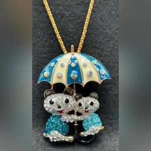 Betsy Johnson Two Crystal Bears Umbrella Pendant & Brooch (removed) Necklace